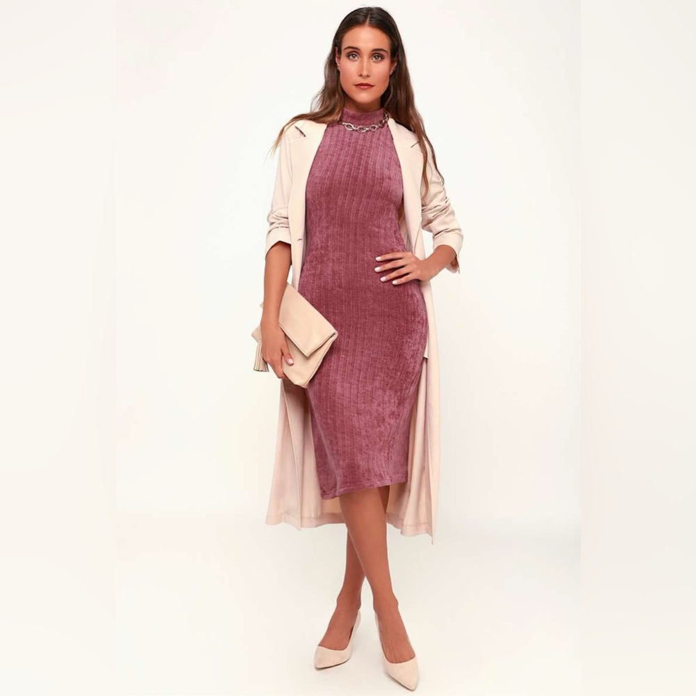 💋 LULUs Hello Cozy Mauve Pink Chenille Mock Neck Sweater Dress. Size MEDIUM - Picture 4 of 7